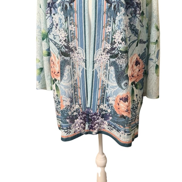 Easywear By Chicos 2 US L Semi Sheer 3/4 Sleeve Open Front Cardigan Floral Fairy - Picture 3 of 10